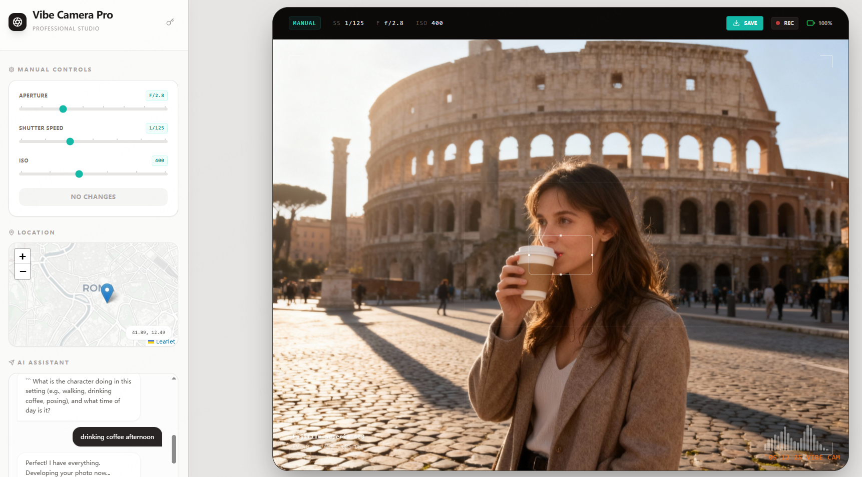 A woman drinking coffee in front of the Colosseum in Rome in the afternoon.
