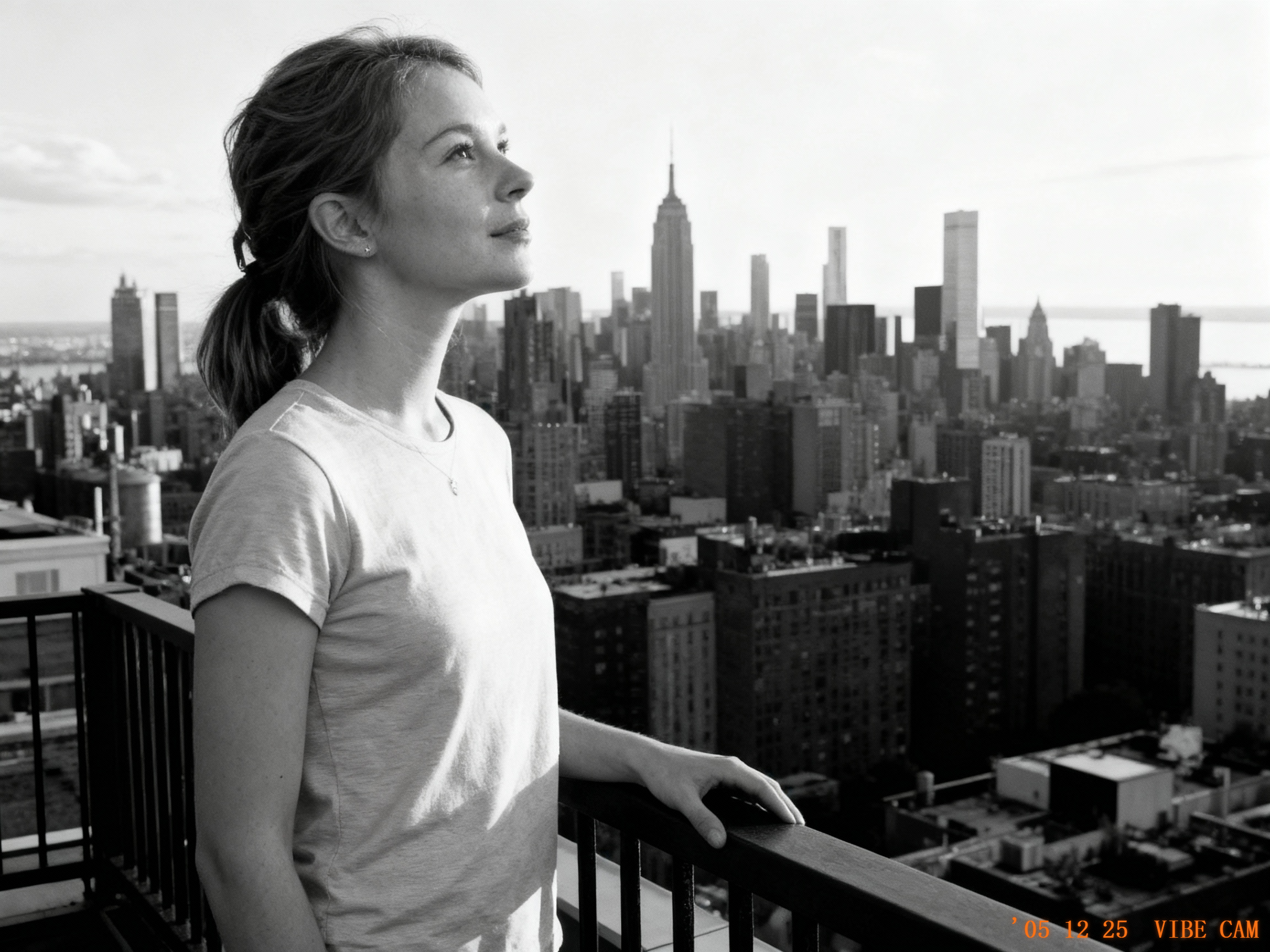 A woman standing on a New York rooftop, generated in a Leica M6 style