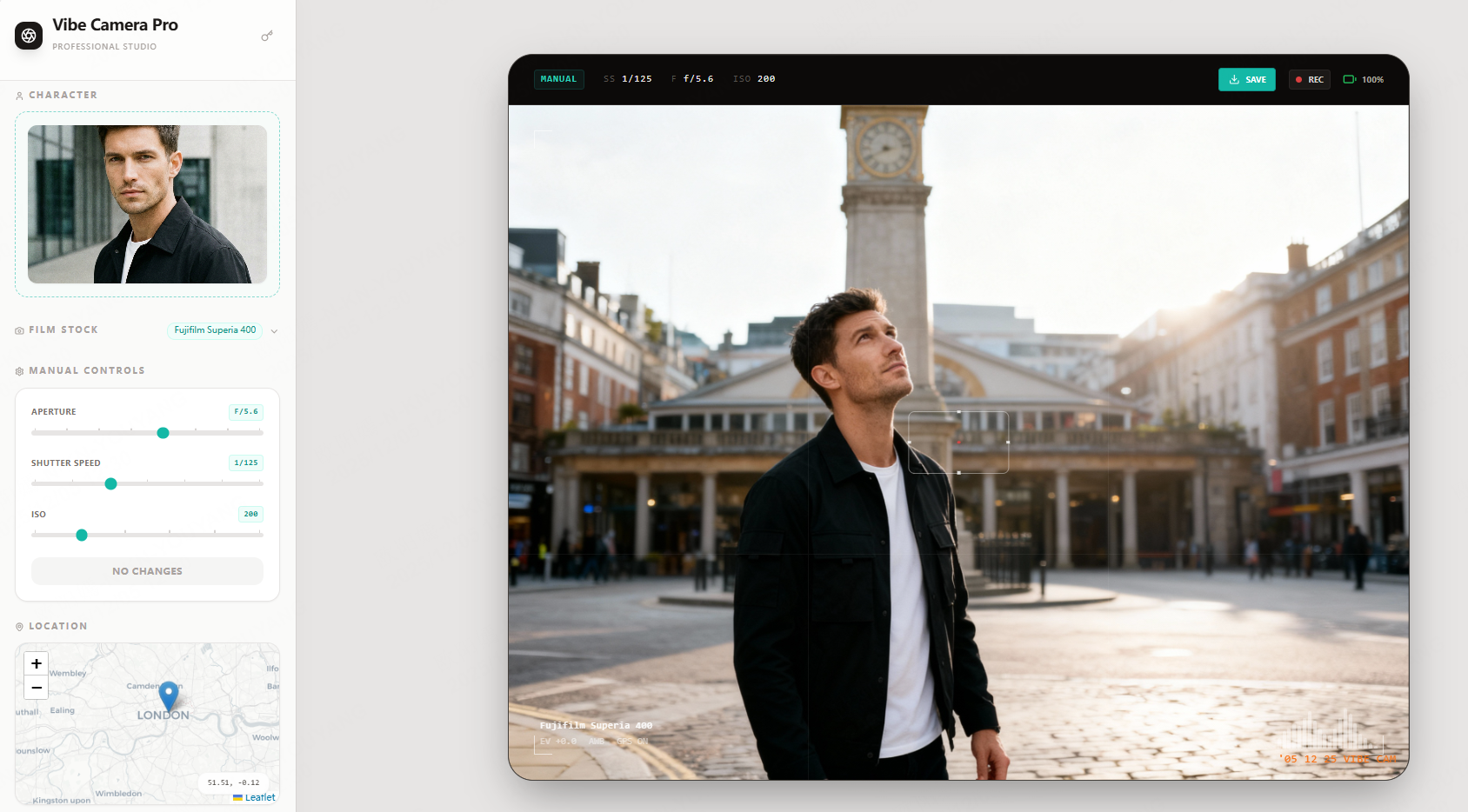 Camera, location, and aperture set in Vibe Camera, ready to shoot.