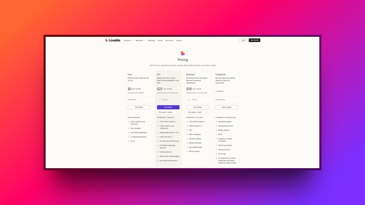 Lovable's pricing tiers