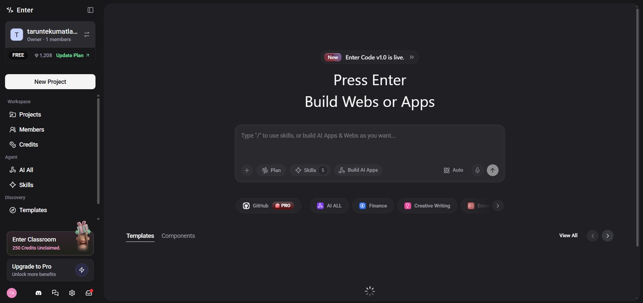 Enter Pro dashboard for interactive coding education.