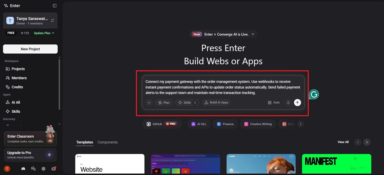 Open Enter Pro and write the prompt