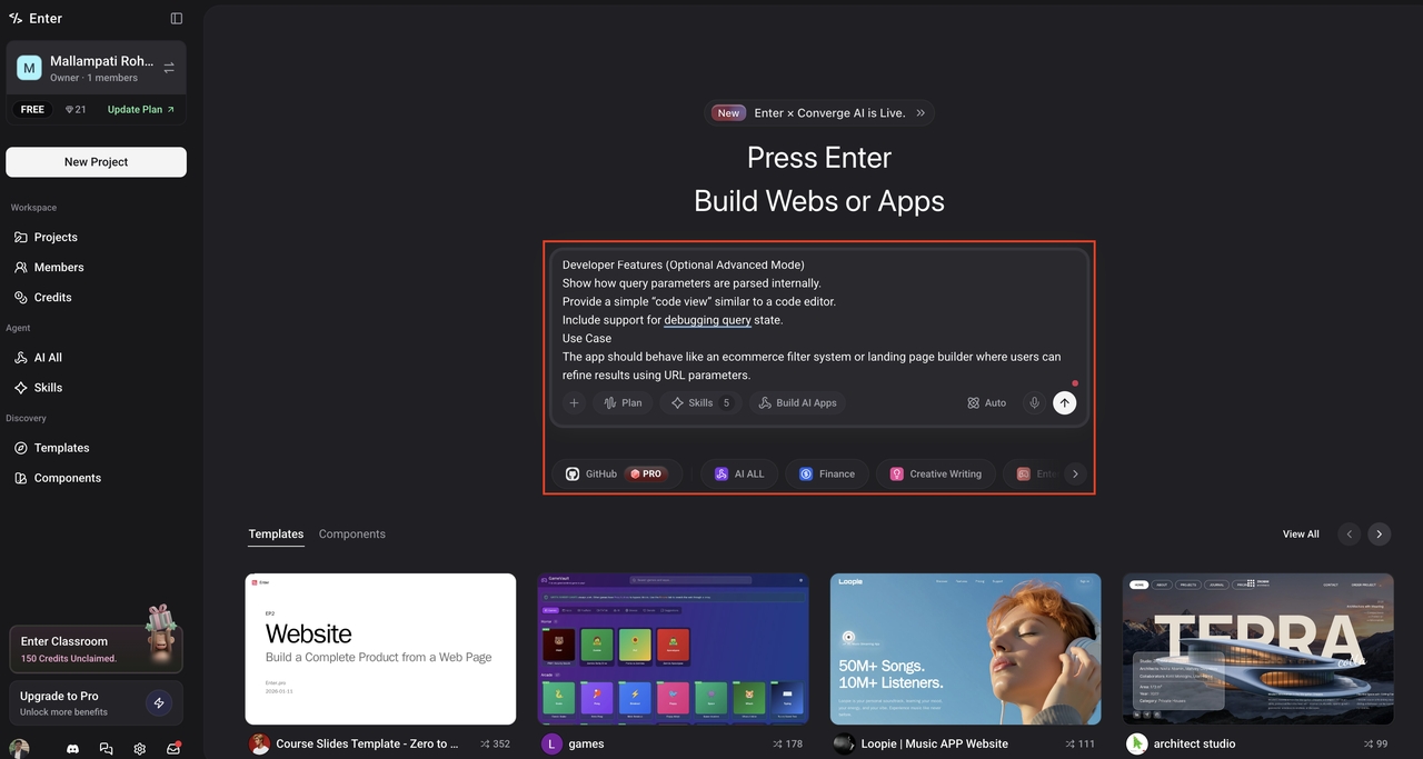 Launch Enter Pro and add a text prompt