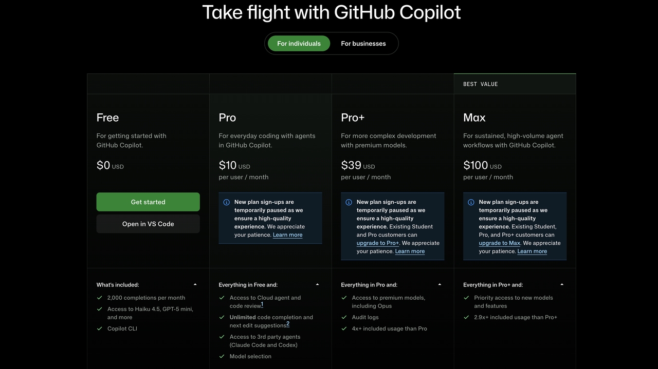 GitHub copilot pricing plans for Individuals