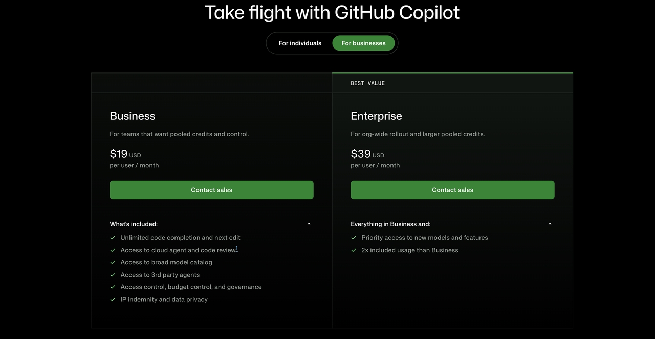 GitHub copilot pricing plans for Businesses