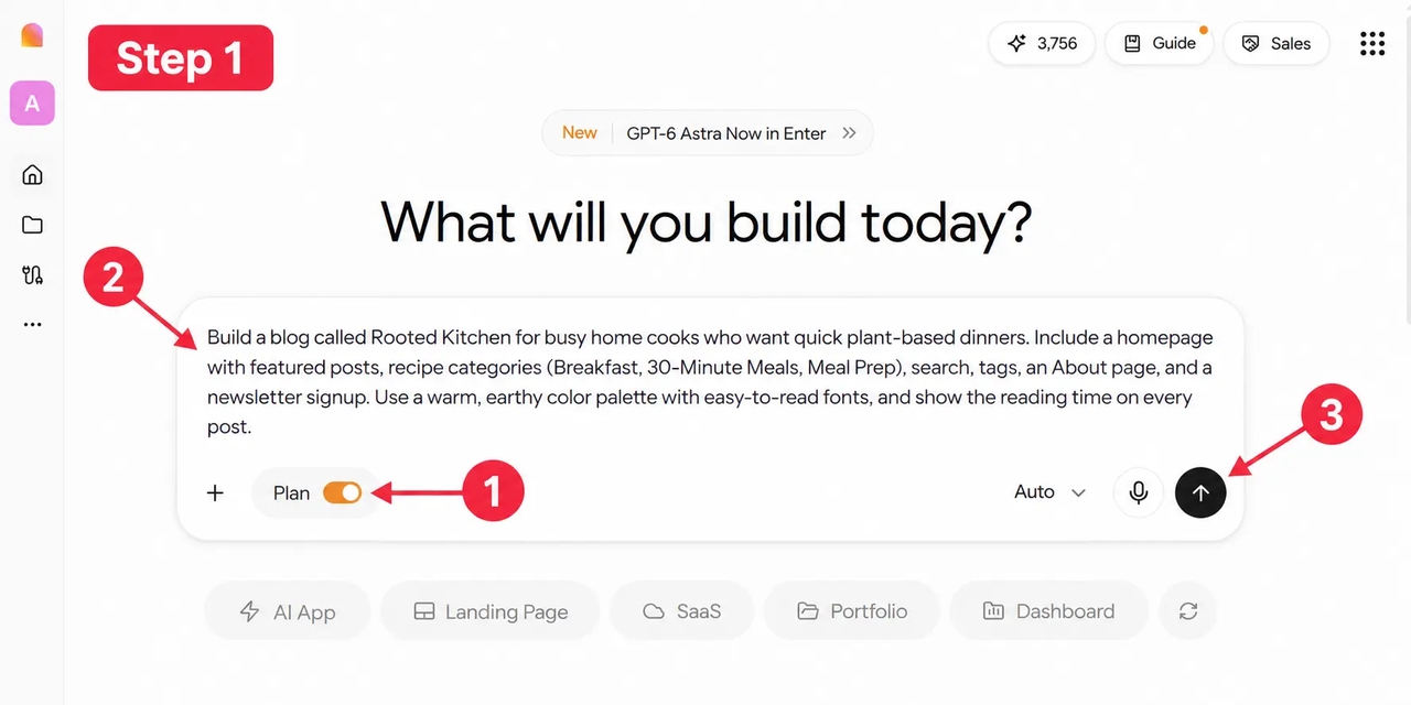 Describing a recipe blog in the Enter Pro prompt box with Plan Mode on