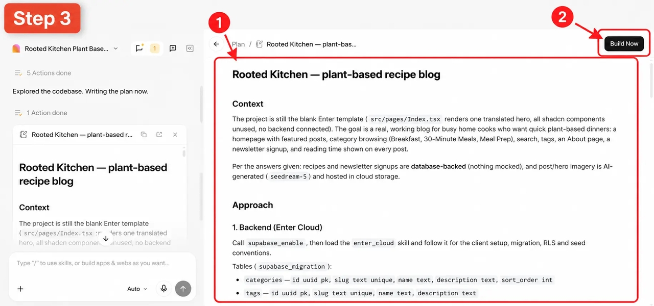 Reviewing the generated Rooted Kitchen blog plan and Build Now button in Enter Pro.