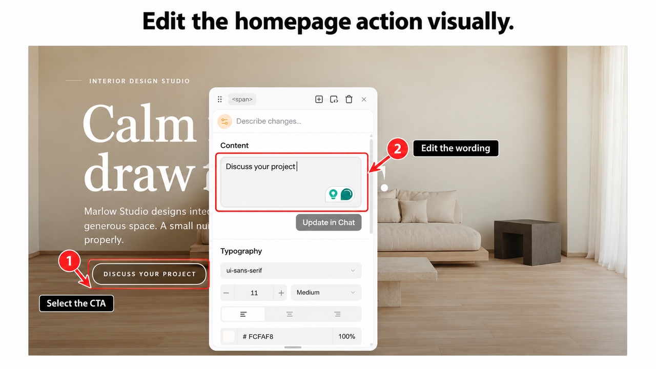 图 4. Visual Editor 选中现有的 CTA 文本并显示其 Content 控件。