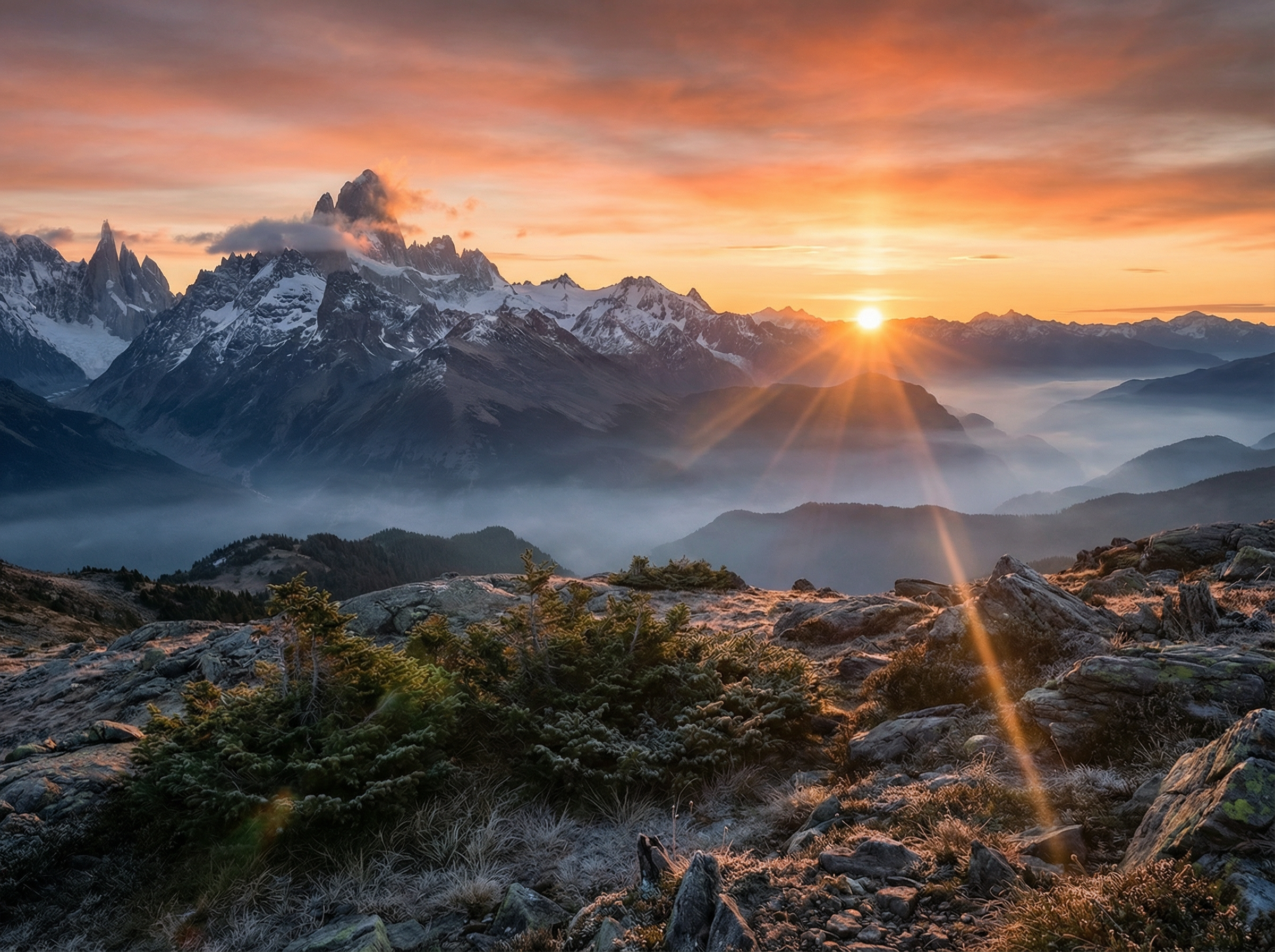 A mountain landscape at sunrise in photorealistic style