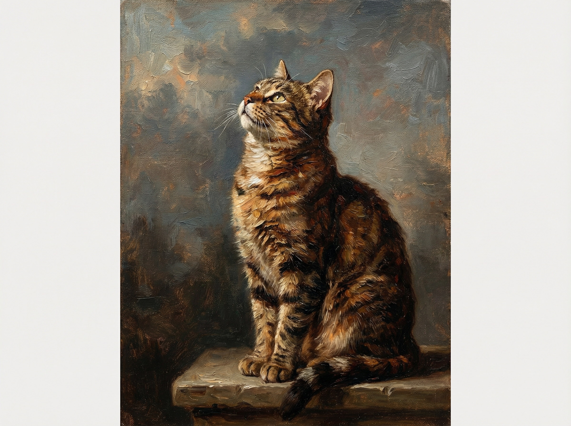 A cat looking at the sky in an oil painting style